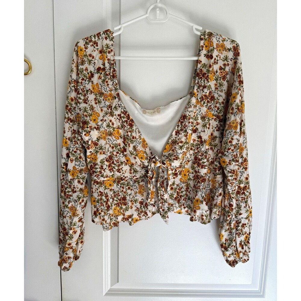 Altar'd State Floral Tie Front Cropped Puff Long Sleeve Blouse L southern girl